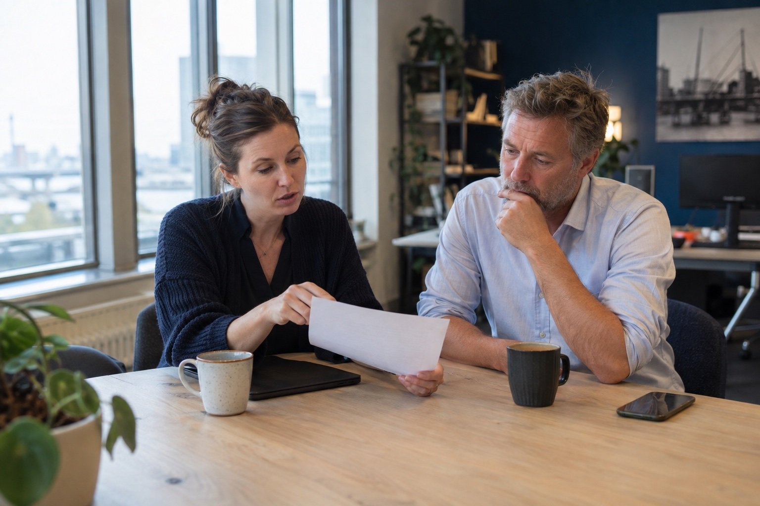 Sfeerbeeld van twee mensen die samen een factuur bespreken