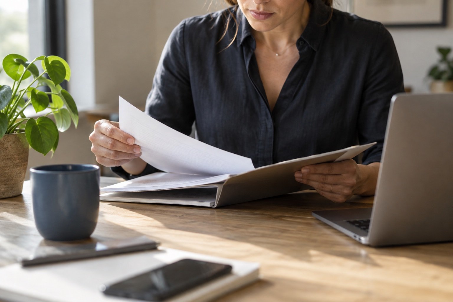 Sfeerbeeld van het zorgvuldig bekijken van documenten en een website
