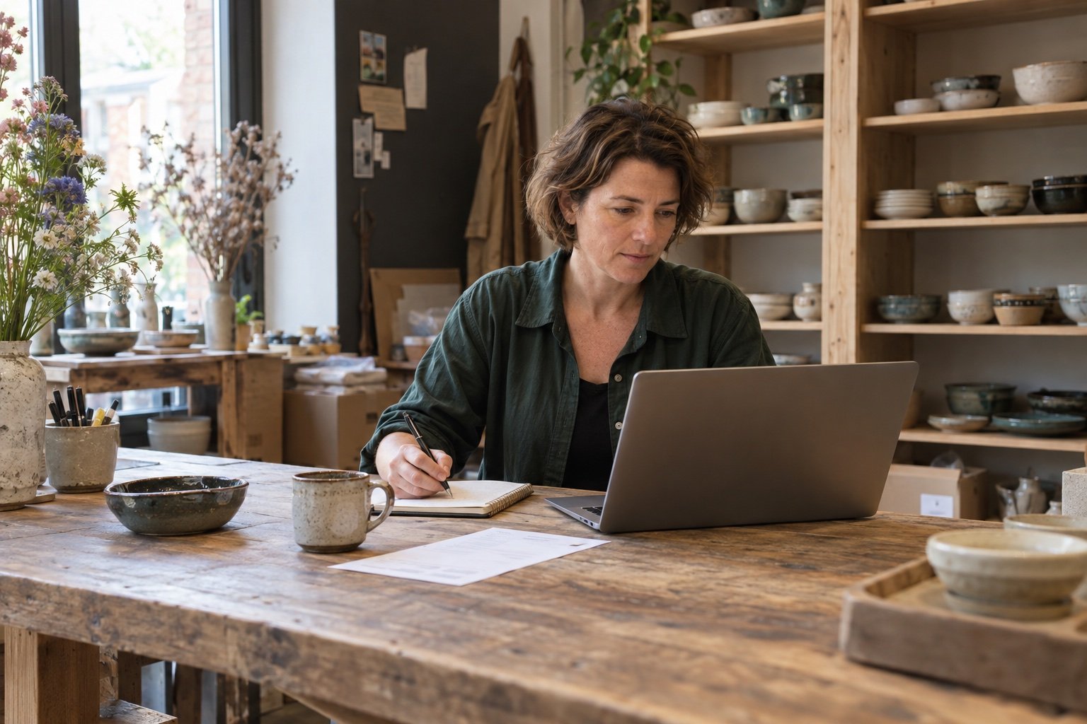 Sfeerbeeld van een ondernemer die haar administratie bijwerkt